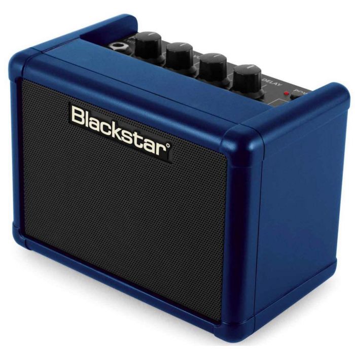 Closeup shot of a limited edition Blackstar Fly 3 mini combo amplifier in a Royal Blue finish