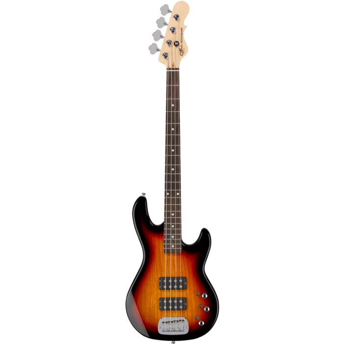 Full body view of a G&L Tribute L-2000 bass guitar with a 3-tone sunburst finish and brazillian cherry fingerboard