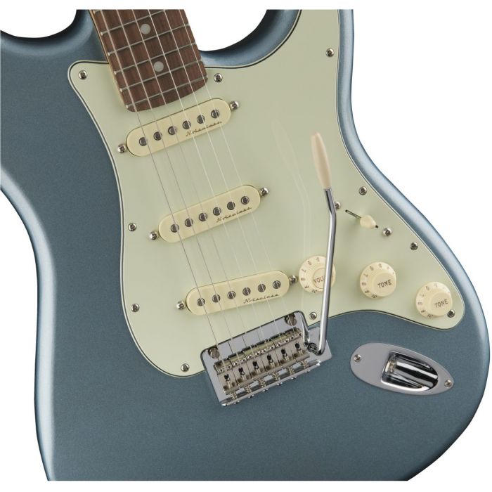 Close up front view of a Mystic Ice Blue Fender Deluxe Roadhouse Stratocaster