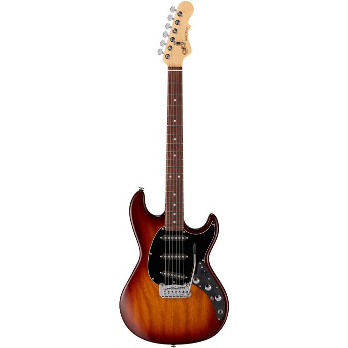 Full frontal image of a G&L CLF Research Skyhawk electric guitar, with an Old School Tobbacco Sunburst finish
