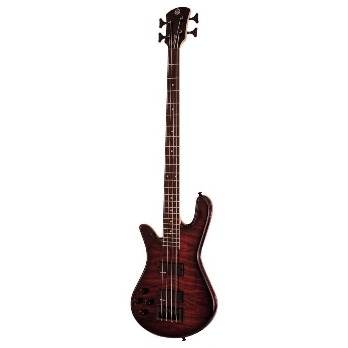 Full frontal view of a left handed Spector Bass Legend 4 Classic in a Black Cherry finish