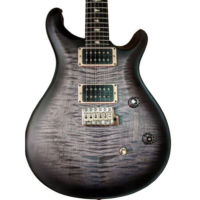 Closeup frontal view of a Limited Edition PRS CE24 guitar with a Grey Black Smokeburst Wrap finish