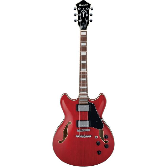 Frontal view of an Ibanez AS73 semi hollow guitar in Transparent Cherry Red