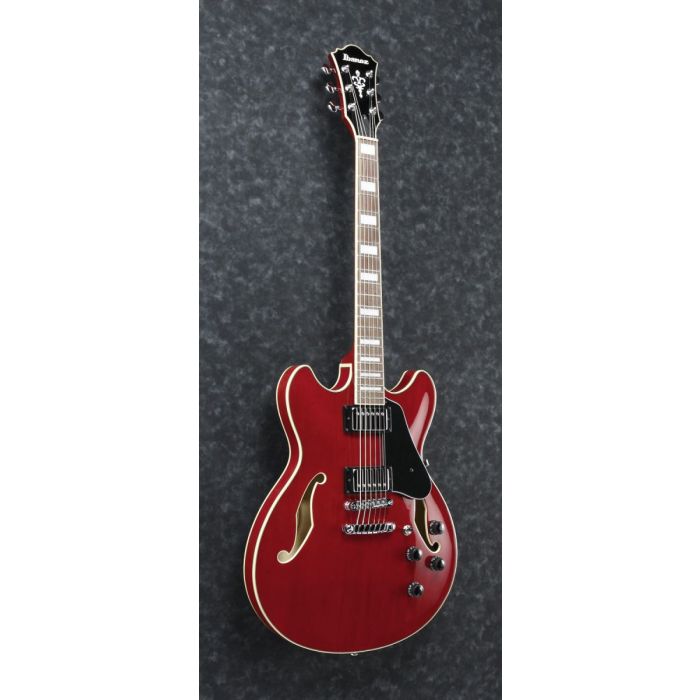 Front angle viewof an Ibanez AS73 Semi Hollow guitar in Transparent Cherry Red