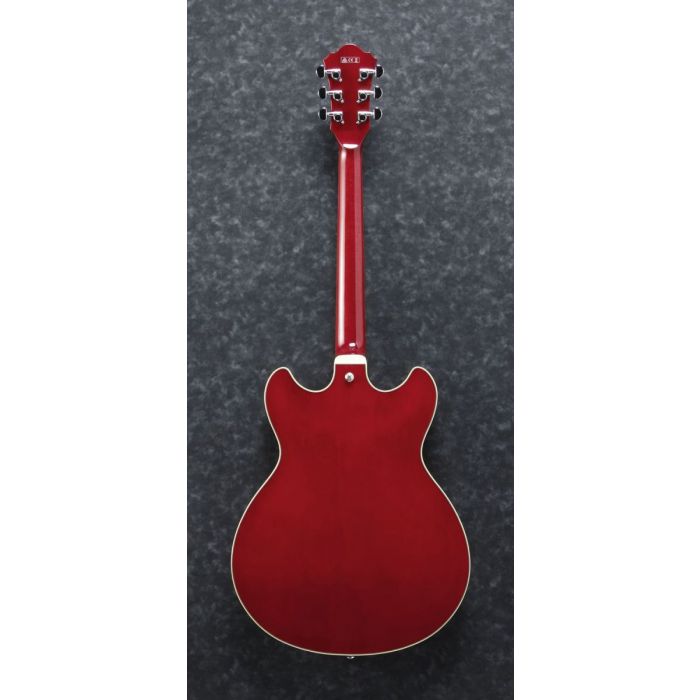Rear view of an Ibanez AS73 semi hollow guitar in Transparent Cherry Red