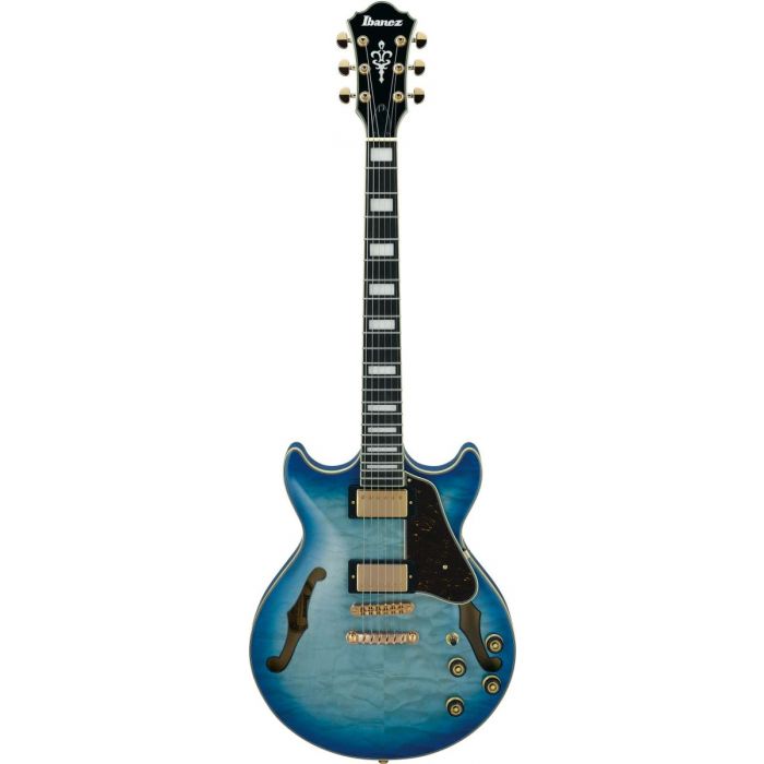 Full frontal image of an Ibanez AM93QM Semi hollow guitar in Jet Blue Burst