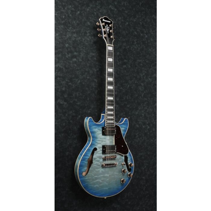 Front angled view of a Jet Blue Burst semi hollow Ibanez AM93QM guitar