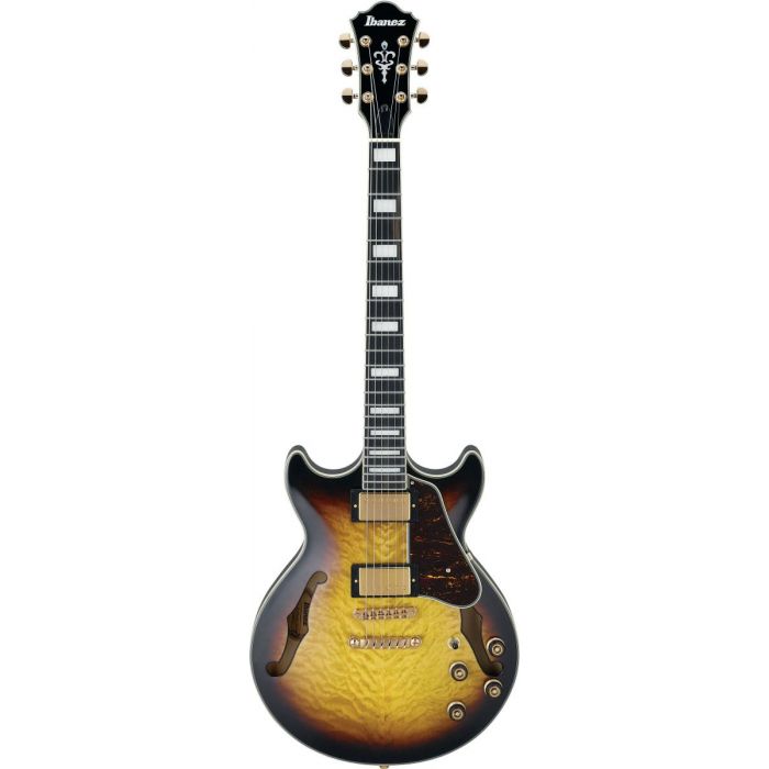 Frontal view of an Ibanez AM93QM semi hollow guitar in Antique Yellow Sunburst