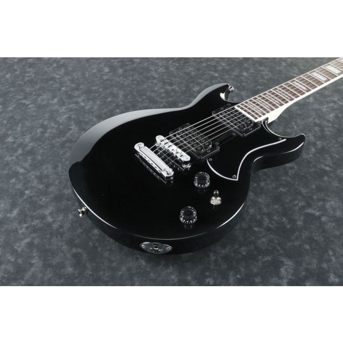 Closeup frontal view of an Ibanez GAX30-BKN electric guitar with a Black Night finish