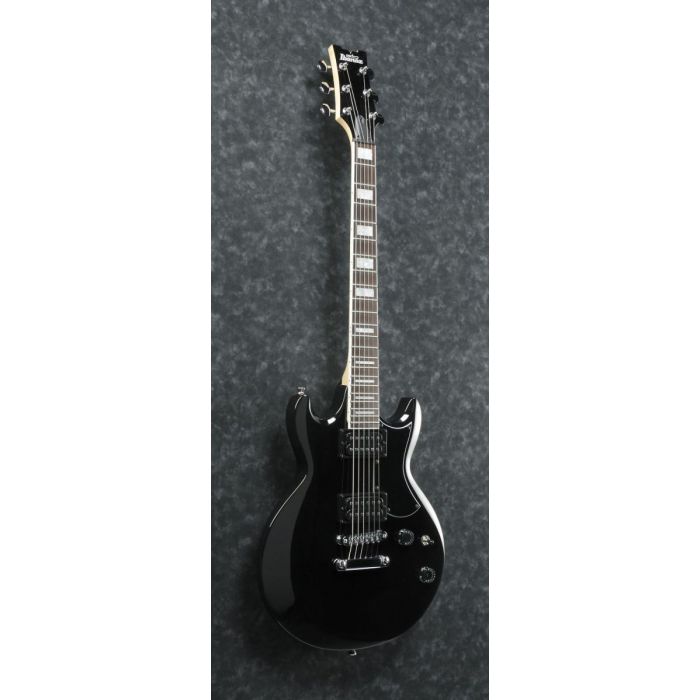 Front angled view of an Ibanez Gio Series AX-style electric guitar with a Black Night finish