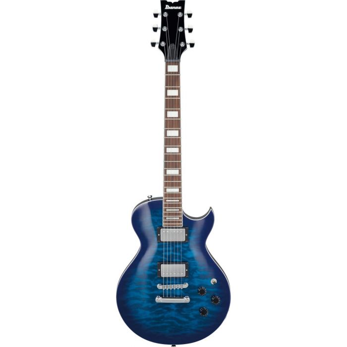 Frontal view of an Ibanez ART120QA single cutaway electric guitar with a Trans Blue Burst finish