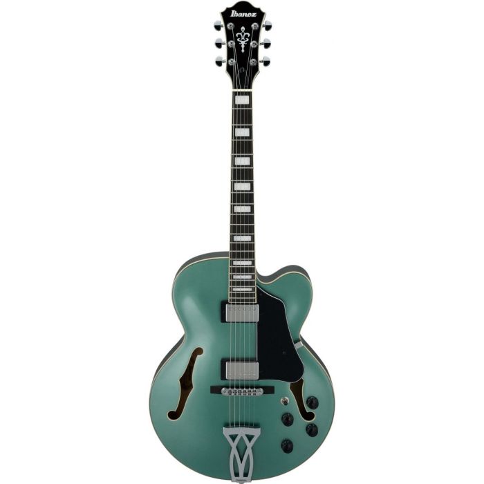 Full frontal view of an Ibanez Artcore AF75 Hollow Body guitar in Olive Metallic