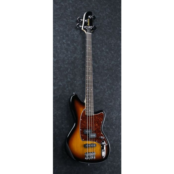 Frotn angled view of an Ibanez TMB100 bass guitar with a Tri Fade Burst finish