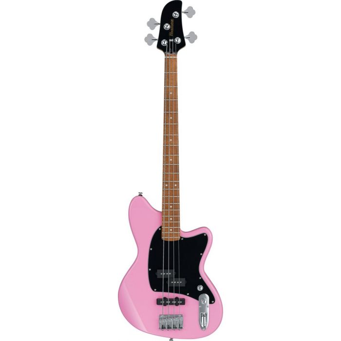 Full frontal image of an Ibanez Talman TMB100K electric bass in a Peach Pink finish