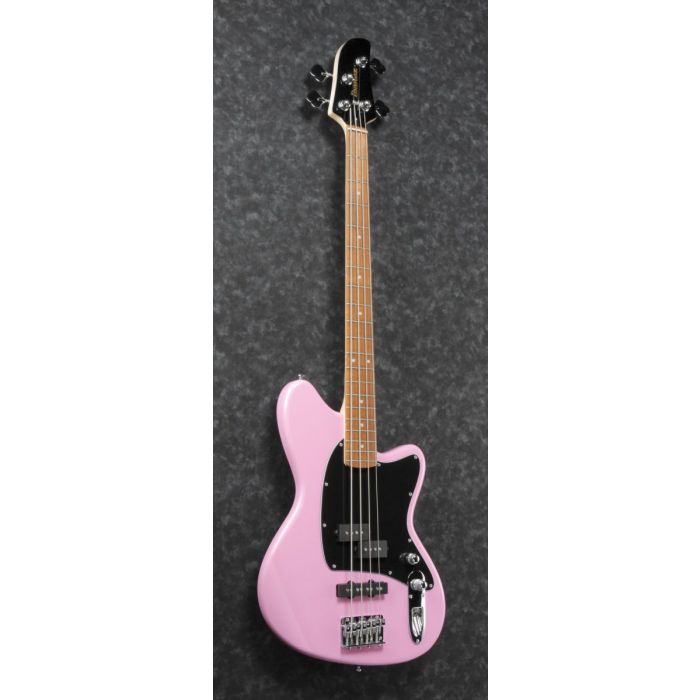 Front angled view of an Ibanez Talman electric bass with a Peach Pink finish