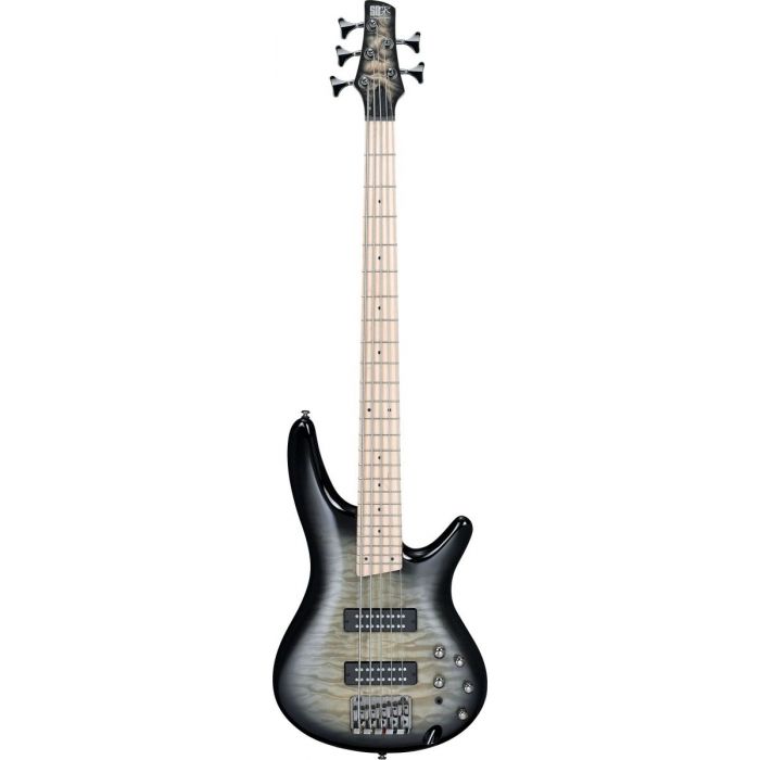 Full frontal image of an Ibanez SR 5-string bass with a Surreal Black burst Gloss finish