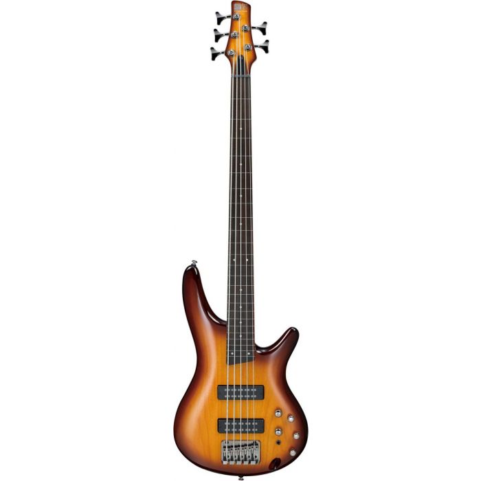 Full frontal view of an Ibanez 5-stringed SR Fretless bass in Brown Burst