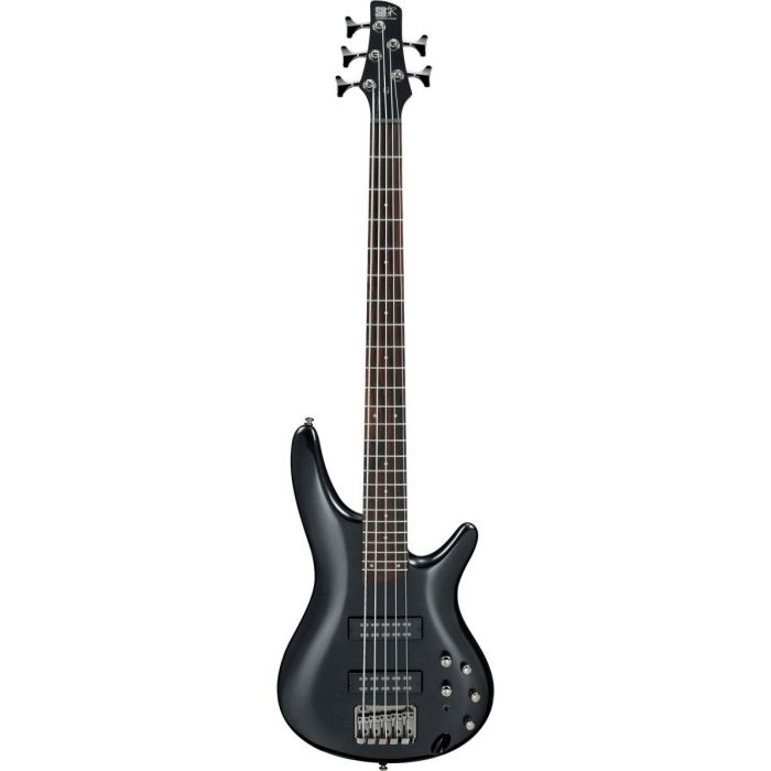 Full frontal view of an Ibanez SR305E 5-string bass with an Iron Pewter Finish