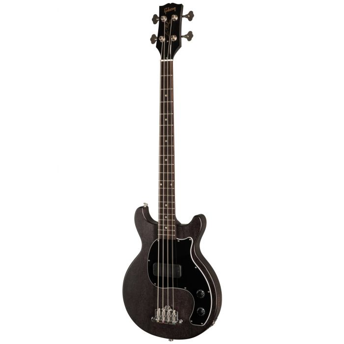 Full front view of a Gibson Les Paul Junior Tribute DC Bass gutiar in Worn Ebony