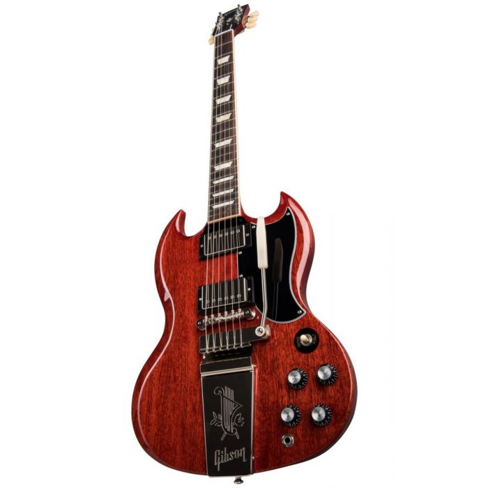 Closeup angled view of a Gibson SG Standard 61 in VIntage Cherry with a Maestro Vibrola