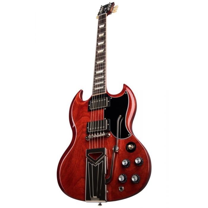 Closeup front angle of a Vintage Cherry Gibson SG Standard 61 with a Sideways Vibrola