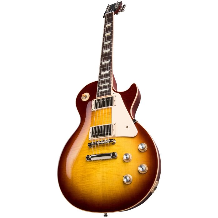 Front angled closeup of a Gibson Les Paul Standard 60s electric guitar in Iced Tea Burst
