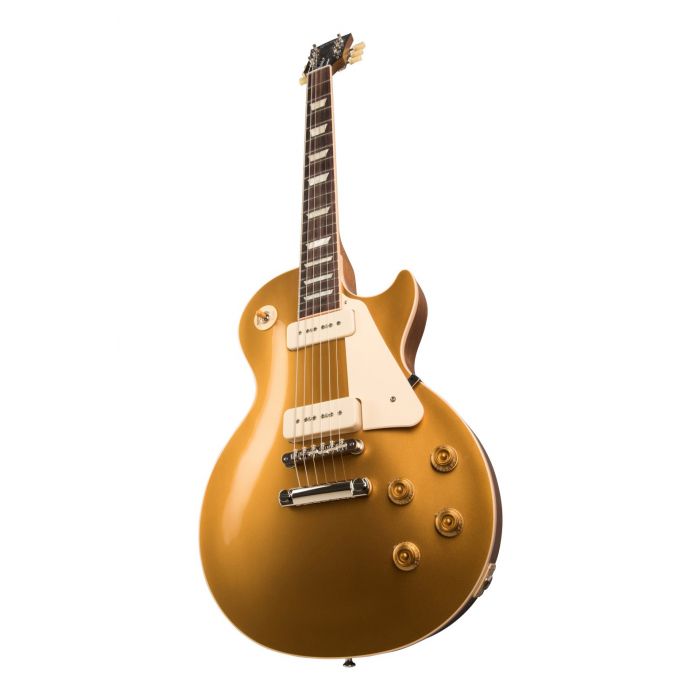 Front angled view of a Gibson Les Paul Standard 50s Gold Top guitar with P90 pickups