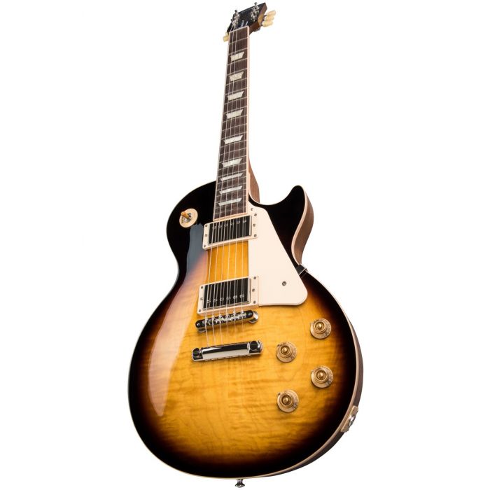 Front angled closeup of a Gibson Les Paul Standard 50s Tobacco Burst electric guitar
