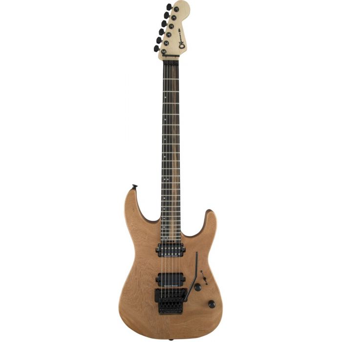 Full frontal view of a Charvel Pro Mod DK24 with a natural Okoume finish and Floyd Rose tremolo