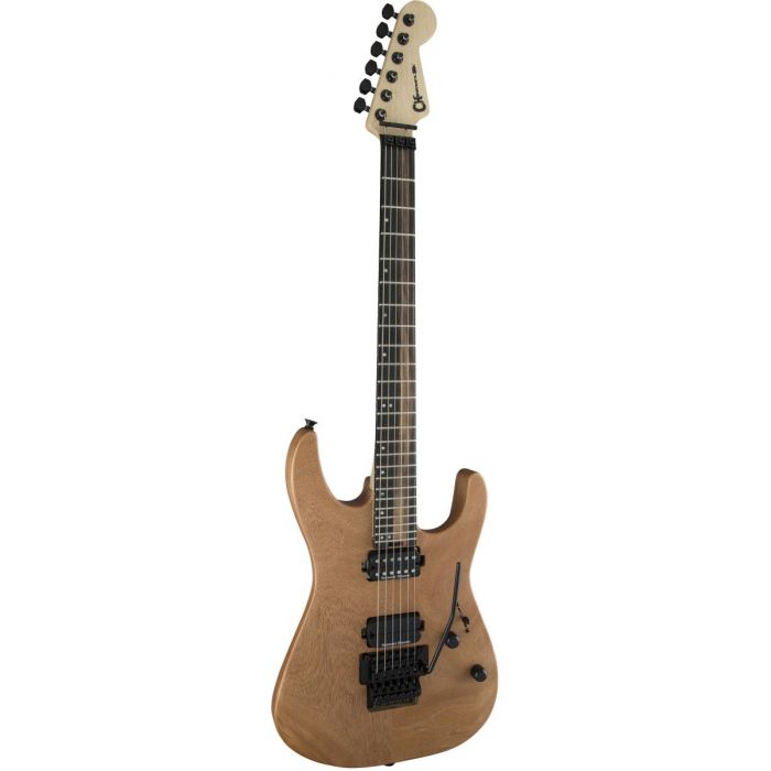 Front angled view of a Natural finished Charvel Pro Mod DK24 with two humbuckers and a Floyd Rose