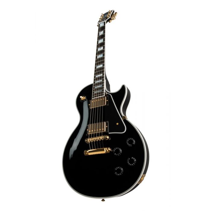 Front angled closeup view of an Ebony Gloss Gibson Les Paul Custom