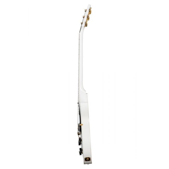 Side on view of a Gibson Les Paul Custom guitar in Alpine White