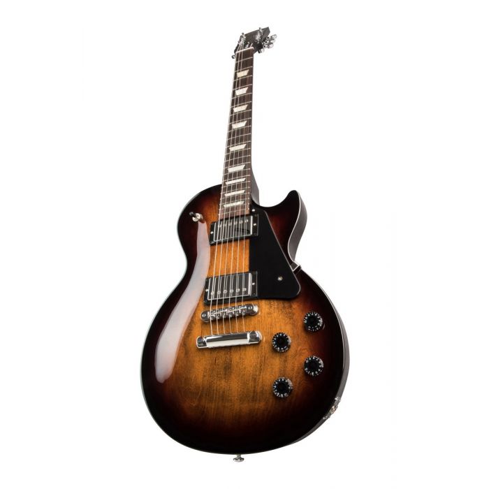 Front angled closeup view of a Gibson Les Paul Studio guitar with a Smokehouse Burst finish