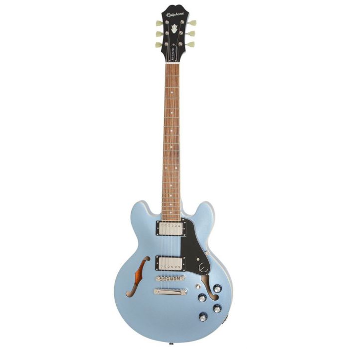 Full frontal image of an Epiphone ES-339 semi hollow guitar with a Pelham Blue finish