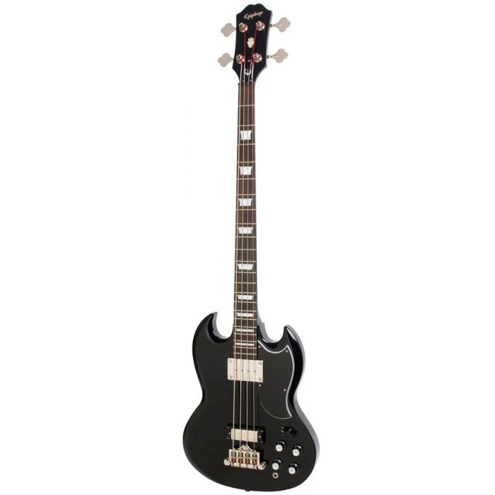 Full frontal image of an Epiphone EB-3 SG-style bass guitar with a Gloss Ebony finish