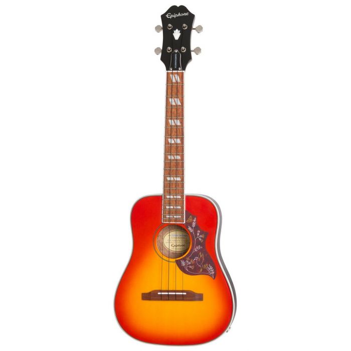 Full frontal image of an Epiphone Hummingbird Tenor ukulele with a Faded Cherry Sunburst finish