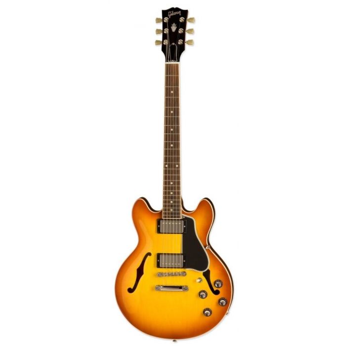 Full frontal image of a Gibson ES-339 semi hollow guitar with a Gloss Light Caramel Burst finish
