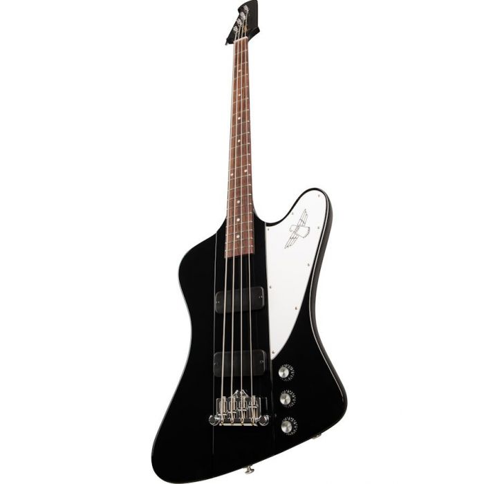 Closeup frontal image of an Ebony Gibson Thunderbird electric bass