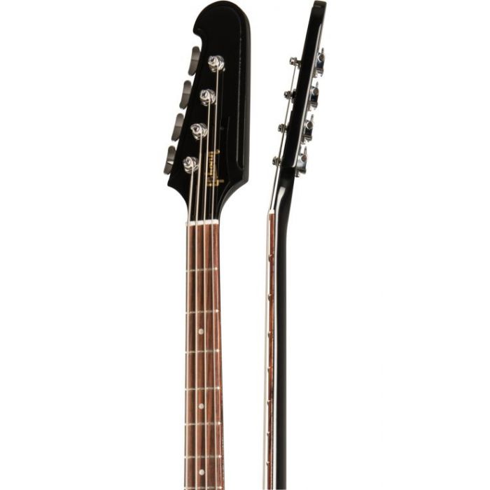 Closeup of the neck and headstock on a black Gibson Thunderbird electric bass