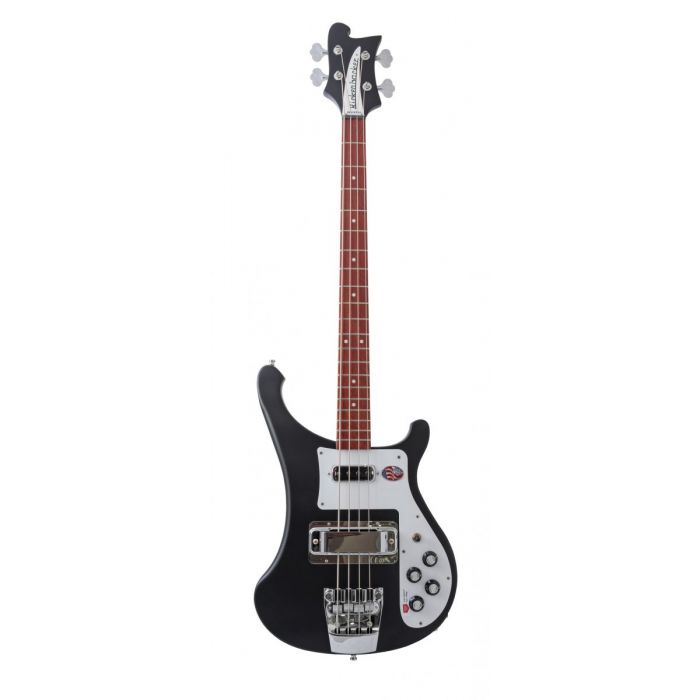 Full frontal image of a Matte Black Rickenbacker 4003S electric bass guitar