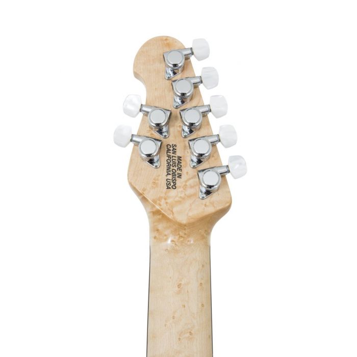 Rear headstock closeup view of a Music Man JP7 Mystic Dream John Petrucci Signature Guitar