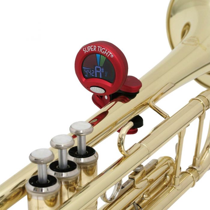 Snark T2 Clip-On Chromatic tuner attached to a trumpet