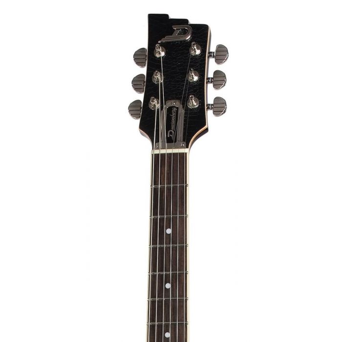 Headstock closeup of a Duesenberg Starplayer TV Semi Hollow Guitar in Outlaw Black