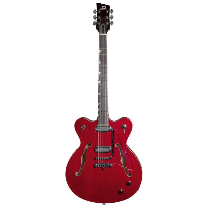 Full frontal view of a Duesenberg Gran Majesto Cherry Red Semi Hollow Guitar