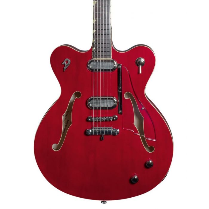Closeup front view of a Duesenberg Gran Majesto Cherry Red Semi Hollow Guitar