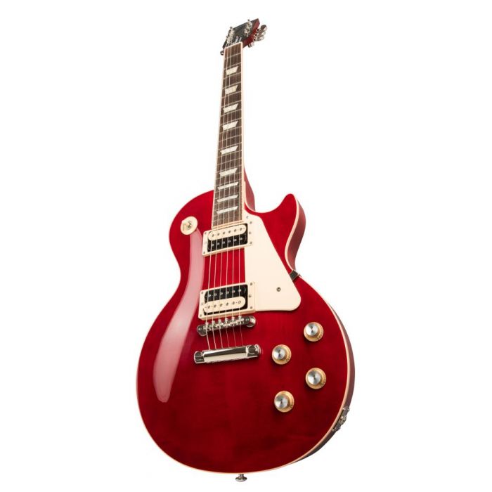 Front closeup view of a Gibson Les Paul Classic Electric Guitar Translucent Cherry