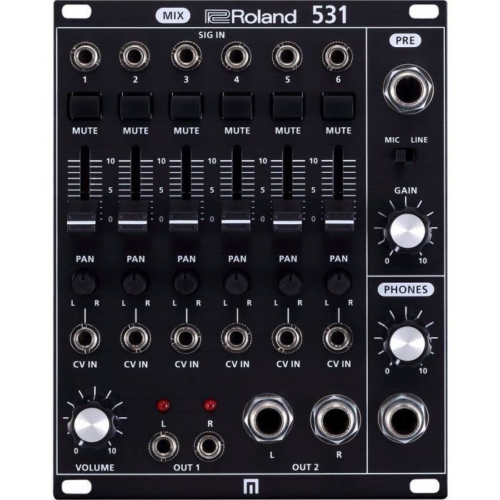 Full front panel view of a Roland System 500 Channel Mixer
