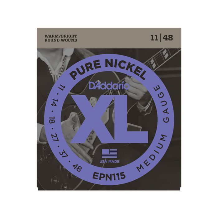 Front view of a DAddario EPN115 Pure Nickel Electric Guitar Strings 11-48 packet