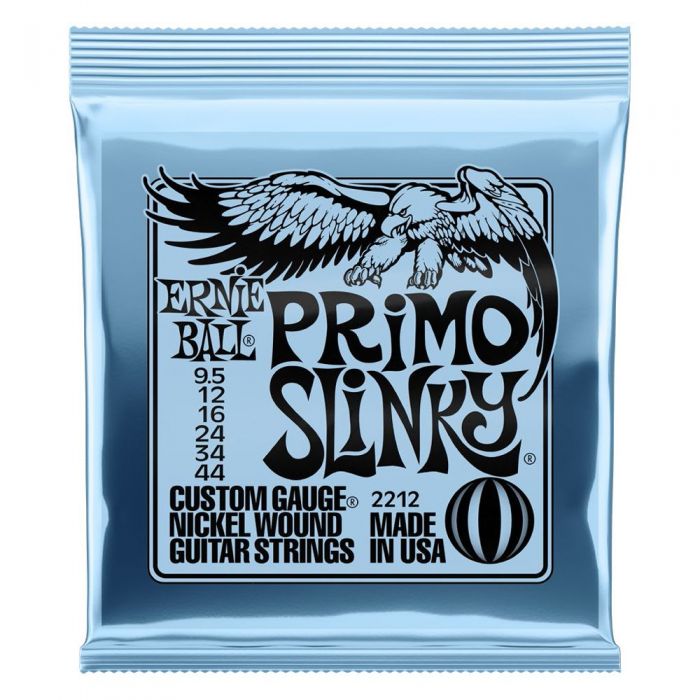 Front view of an Ernie Ball Primo Slinky Guitar String Set packet