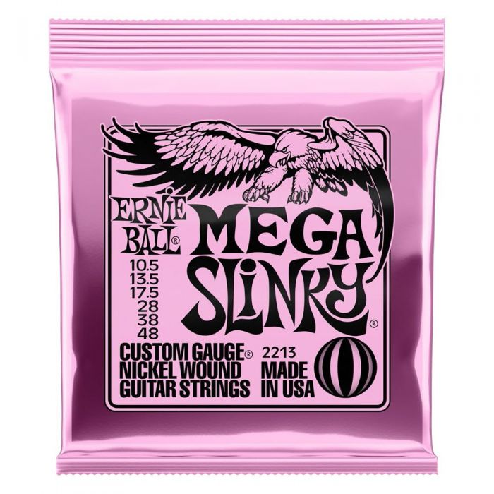 Frontal view of an Ernie Ball Mega Slinky String Set packet